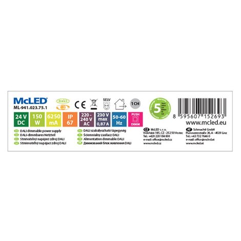ML-941.023.75.1 Napájecí zdroj 150W, DC24V/6,25A, IP67, řízení DALI a tlačítko 2