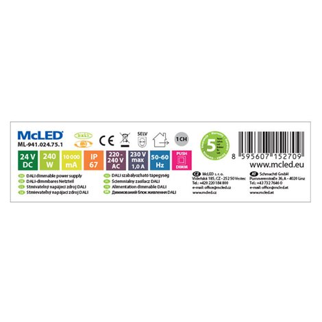 ML-941.024.75.1 Napájecí zdroj 240W, DC24V/10A, IP67, řízení DALI a tlačítko 3