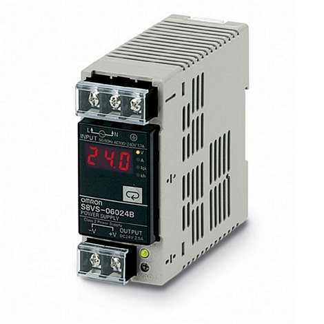 S8VS-06024B zdroj napájení, 60W, 100-240 VAC vstup, 24VDC 2.5A výstup, montáž na DIN lištu, ukazujíc