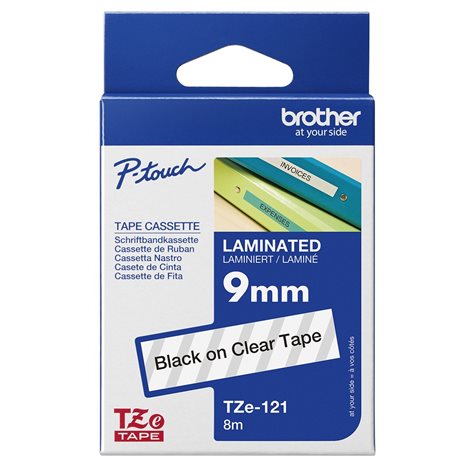 TZE-121 průsvitná/černá 9mm, kazeta laminovaná, délka 8m 1