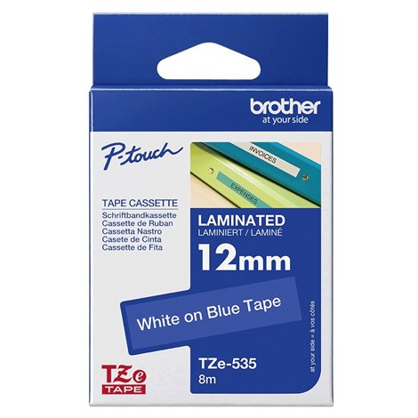 TZE-535 modrá/bílá 12mm, kazeta laminovaná, délka 8m 1