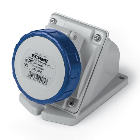 517.1653 Zásuvka nástěnná EUREKA, šikmý box - 2P+E, 16A, 6h/200-250 V, 50/60 Hz, IP67