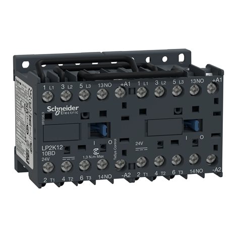 LP2K1210BD Reverzační ministykač 3P 12A AC-3 440V-pomocný kontakt 1Z-cívka 24V DC