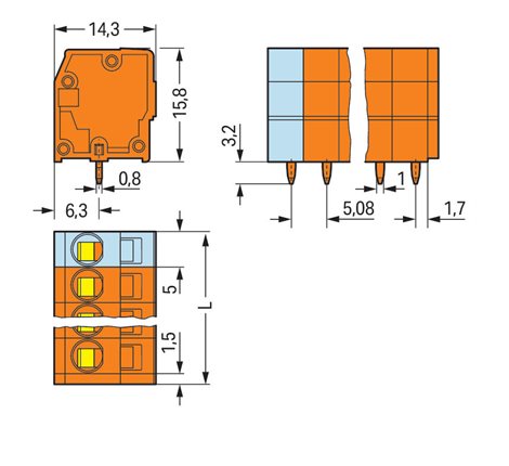 739-153 Svorka na desky plošných spojů 2,5 mm² Rozteč 5,08 mm 3pól. CAGE CLAMP® Oranžová 2