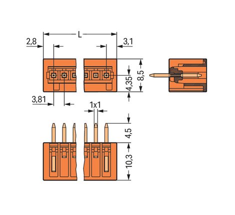734-234 Konektor s pájecími piny THT, pájecí kontakt 1,0 × 1,0 mm rovné provedení, oranžová 2