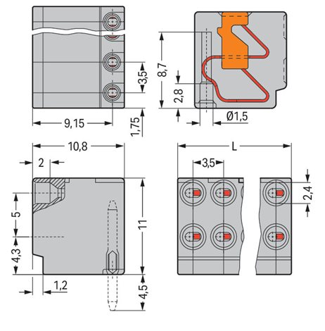 252-102 2vodičová pružinová svorkovnice; Tlačítko; PUSH WIRE®; Ø 0,8 mm; Rozteč 3,5 mm; 2pól.; Pro l 2