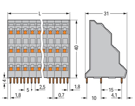 737-208 Třípatrová svorka na desky pl. spojů 2,5 mm² Rozteč 5 mm 3 x 8-pól.CAGE CLAMP 2