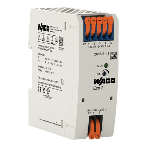 2687-2143 Napájecí zdroj; Eco 2; 1fáz.; Výstupní napětí 24 V DC; Výstupní proud 2,5 A; LED dioda DC- 1